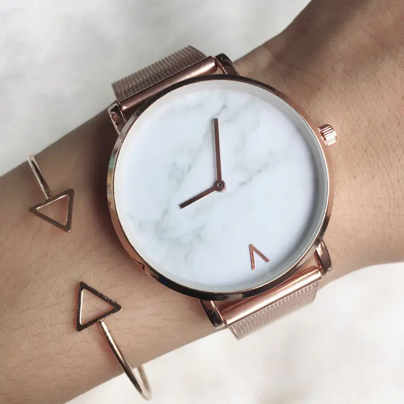Marble Face Women's Creative Quartz Watch with Mesh Band